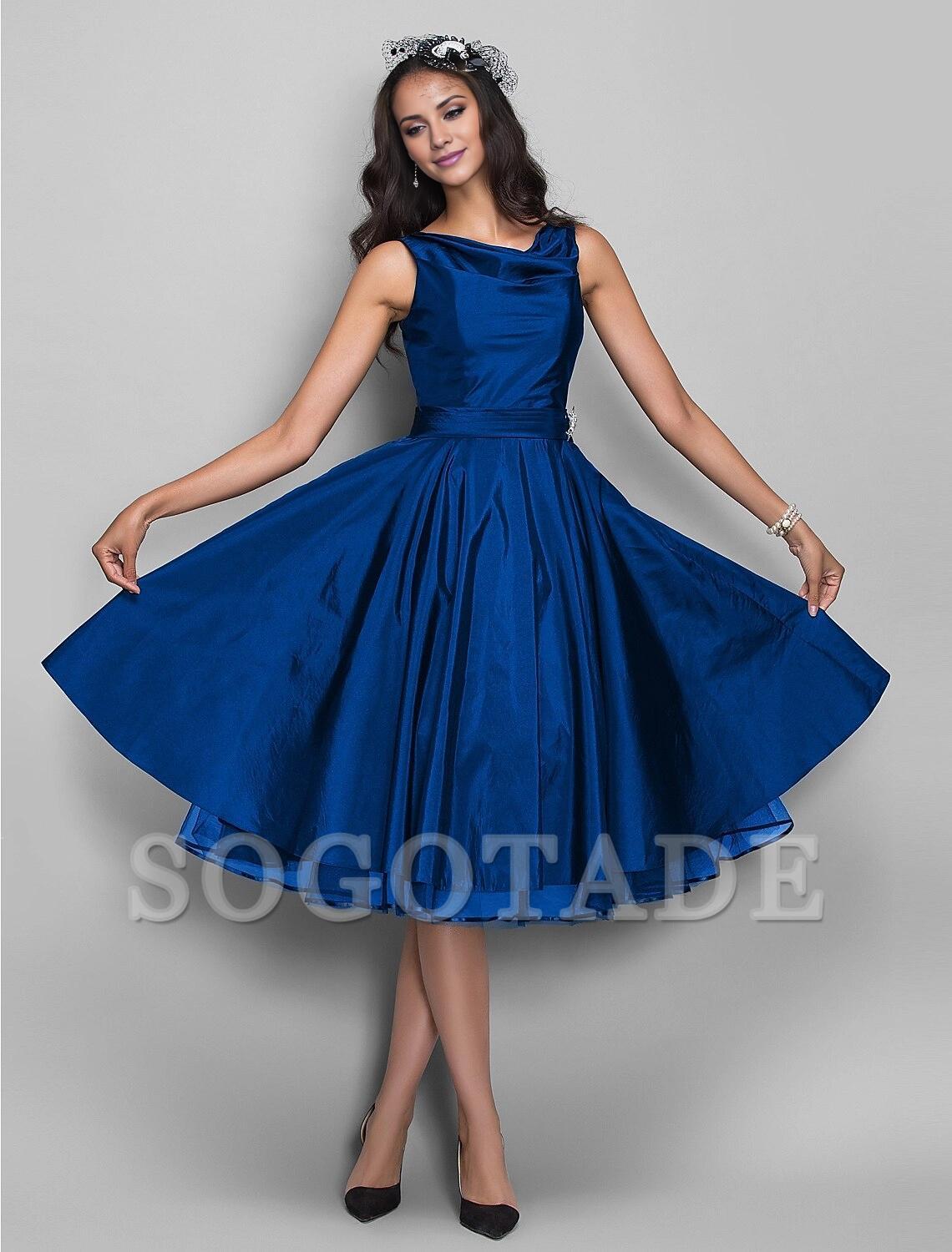 A-Line Cocktail Black Dress Vintage Dress Halloween Wedding Guest Knee Length Sleeveless V Neck Taffeta with Pleats Crystals-SOGOTADE