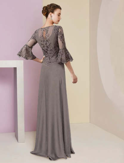 A-Line Mother of the Bride Dress Formal Elegant V Neck Sweep / Brush Train Lace Stretch Chiffon 3/4 Length Sleeve with Beading Appliques-SOGOTADE