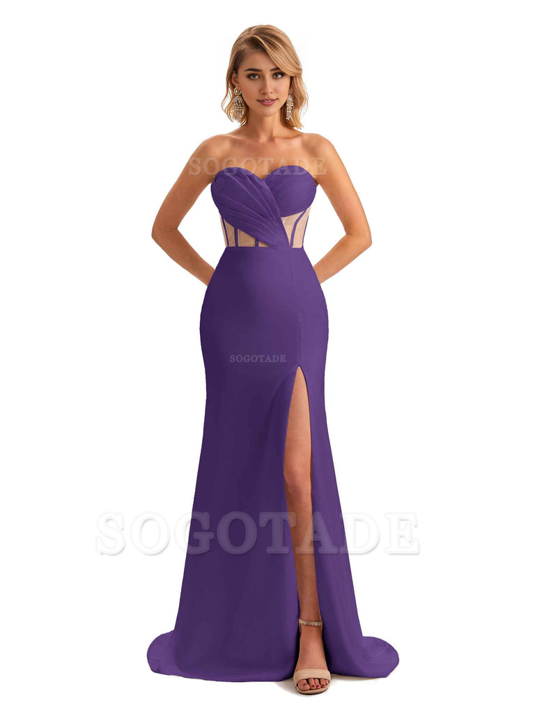 Sexy Sweetheart Strapless Side Slit Mermaid Soft Satin Unique Long Bridesmaid Dress For Wedding