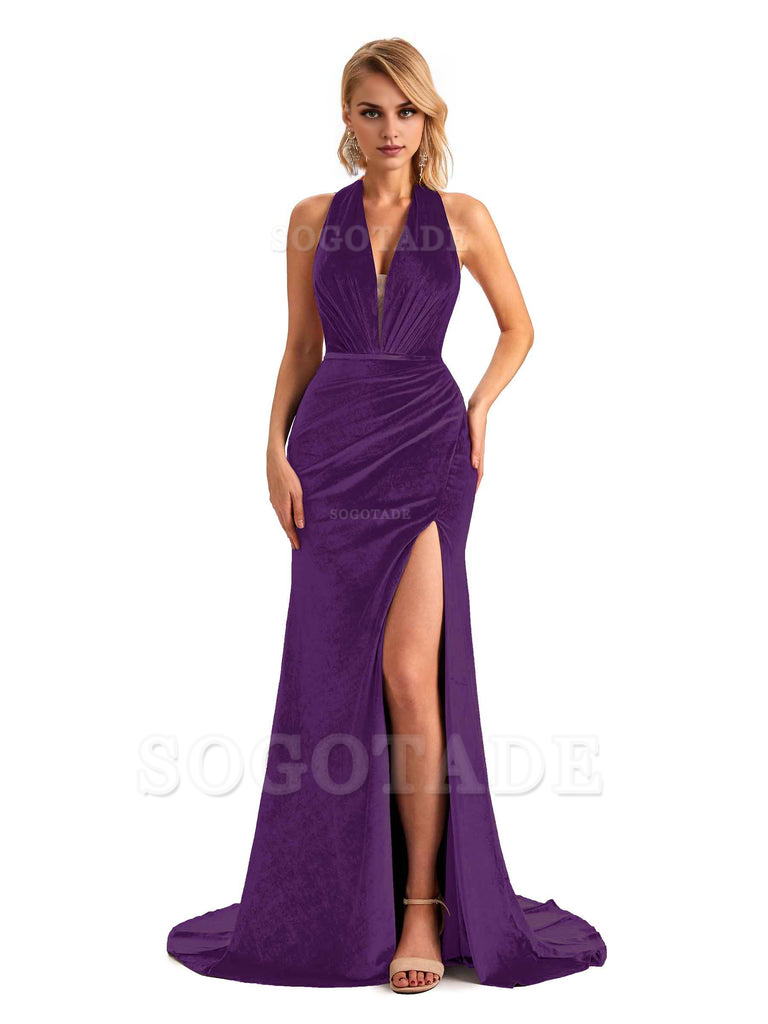 Sexy Deep V Neck Backless Mermaid Halter Side Slit Velvet Long Bridesmaid Dresses Online
