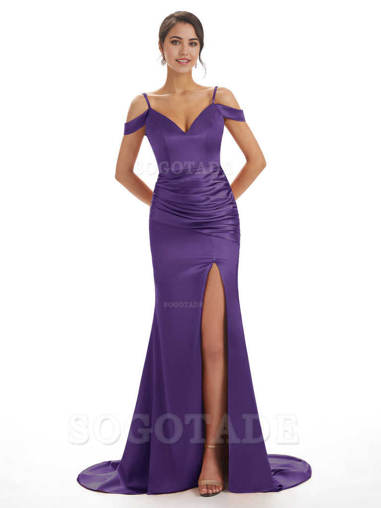 Mermaid Off The Shoulder Satin formal dresses evening gown Bridesmaid Dresses With Side Slit 