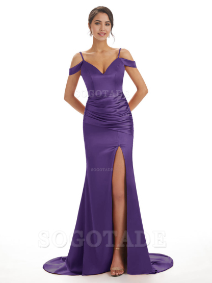 Mermaid Off The Shoulder Satin formal dresses evening gown Bridesmaid Dresses With Side Slit 