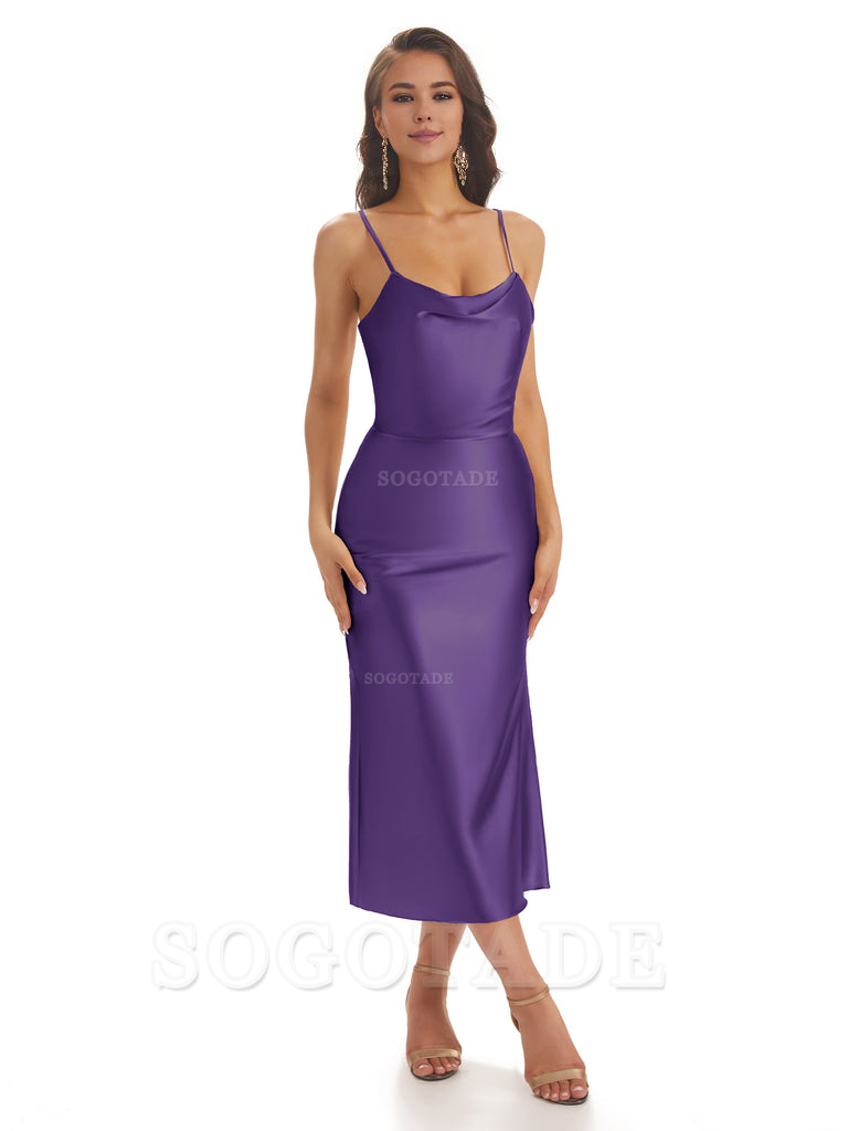 Sexy Soft Satin Spaghetti Strap Tea-Length Midi Short Bridesmaid Dresses prom shop dresses