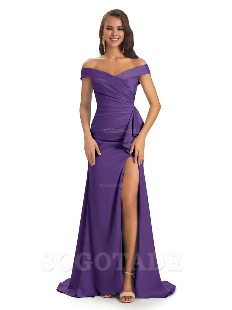 Sexy Soft Satin Side Slit Off The Shoulder Maxi Long Mermaid Bridesmaid Dresses prom shop dresses