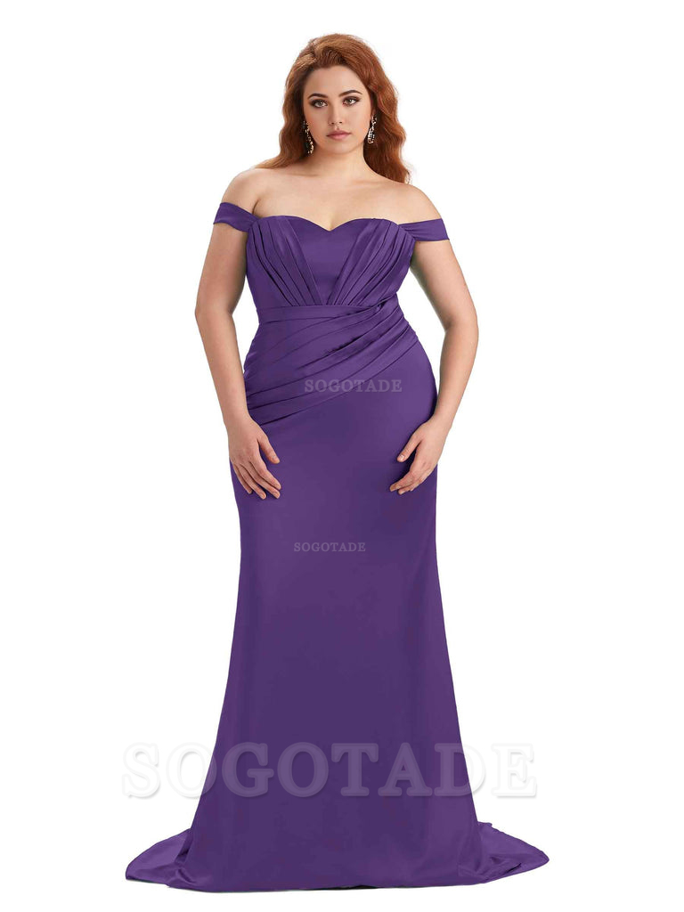 Sexy Mermaid Off The Shoulder Sweetheart Soft Satin Floor Length Long Plus Size Maid of Honor Dresses