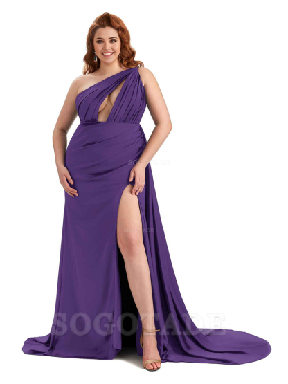 One Shoulder Sleeveless Sexy Side Slit Mermaid Soft Satin Long Plus Size Bridesmaid Dresses Online