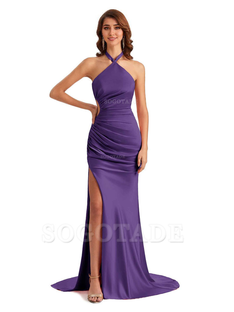 Sexy Halter Mermaid Silky Satin Unique Long Formal Wedding Guest Dresses