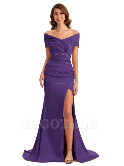 Sexy Off The Shoulder Side Slit Mermaid Satin Unique Long Formal Wedding Guest Dresses