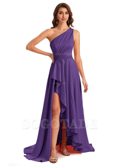 Sexy One Shoulder A-Line High Low Silky Satin Lace Long Formal Wedding Guest Dresses