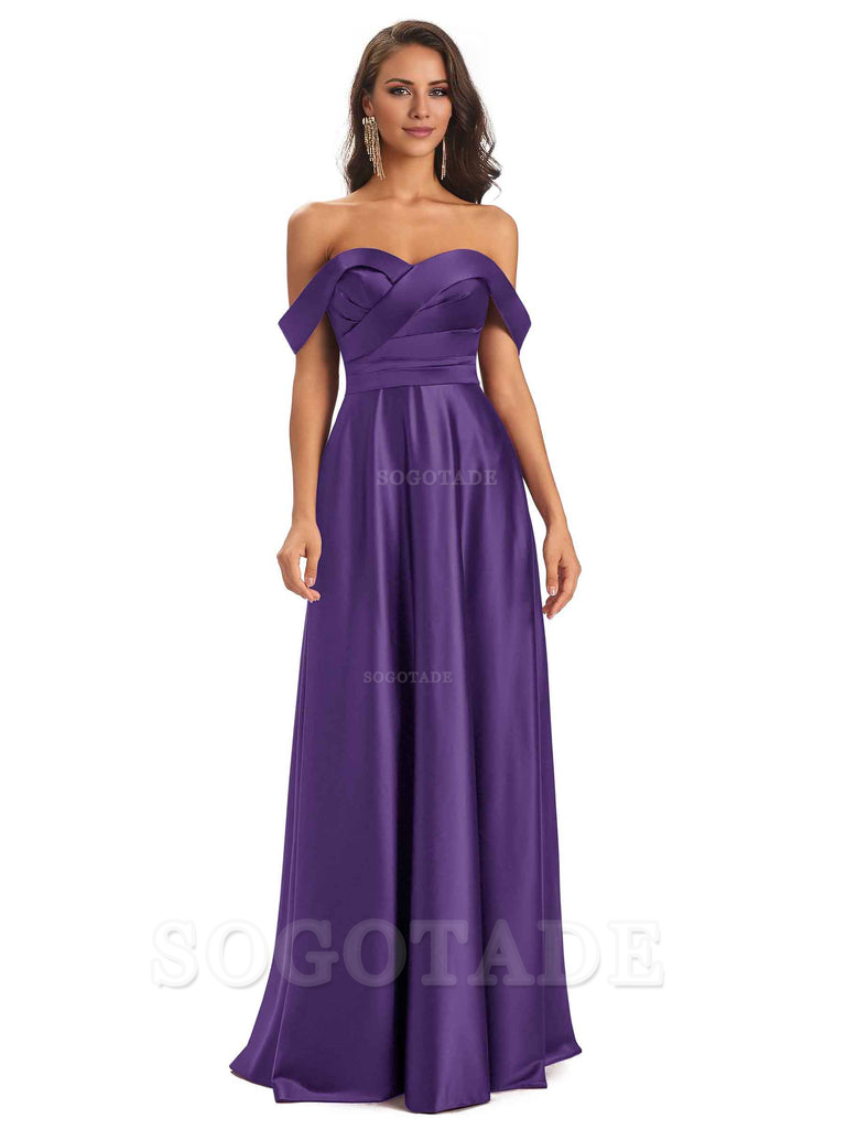 Sexy Soft Satin Off The Shoulder A-Line Long Bridesmaid Dresses Elegant Evening Party Dress