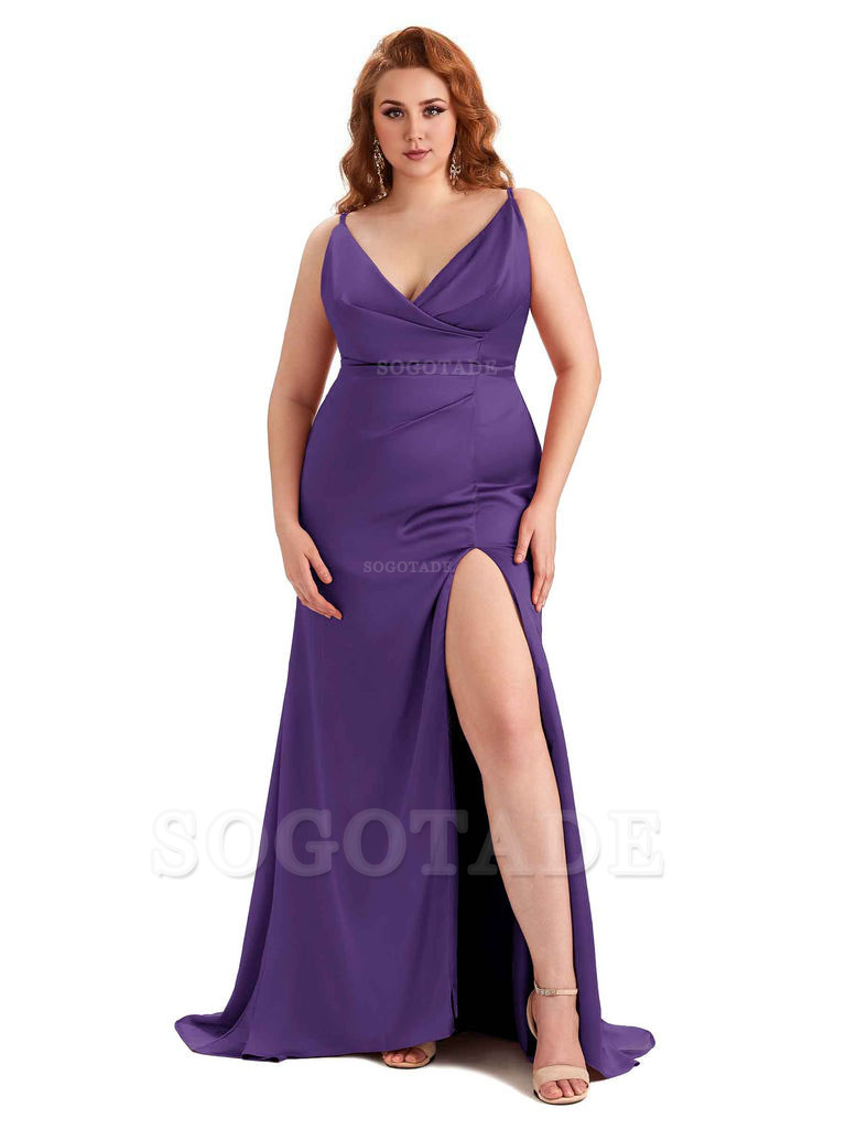 Sexy Side Slit Spaghetti Straps Mermaid Soft Satin Fashion Bridesmaid Dresses