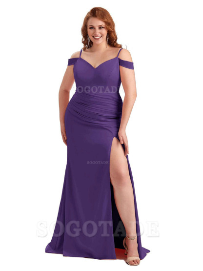 Sexy Side Slit Mermaid Cold Shoulder Soft Satin Long Plus Size Bridesmaid Dresses Online