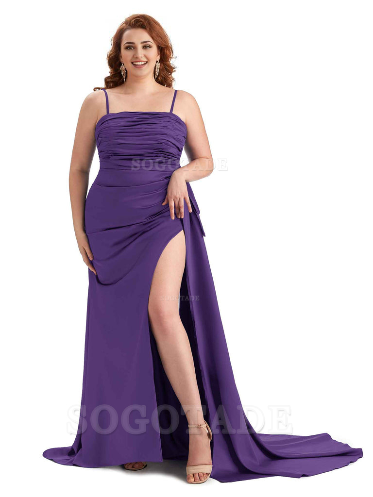 Sexy Side Slit Spaghetti Straps Mermaid Soft Satin Long Plus Size Bridesmaid Dresses Online