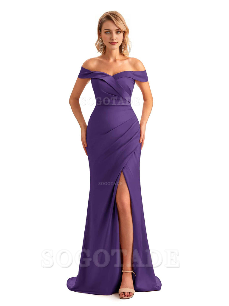 Off Shoulder Side Slit Mermaid Silky Satin Unique Long Formal Wedding Guest Dresses Online