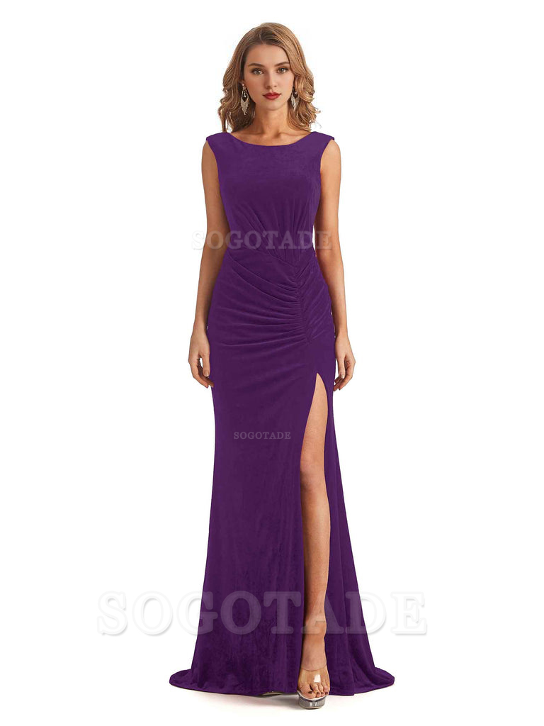 Sexy Open Back Mermaid Velvet Jewel High Split Maxi Long Bridesmaid Dresses Online
