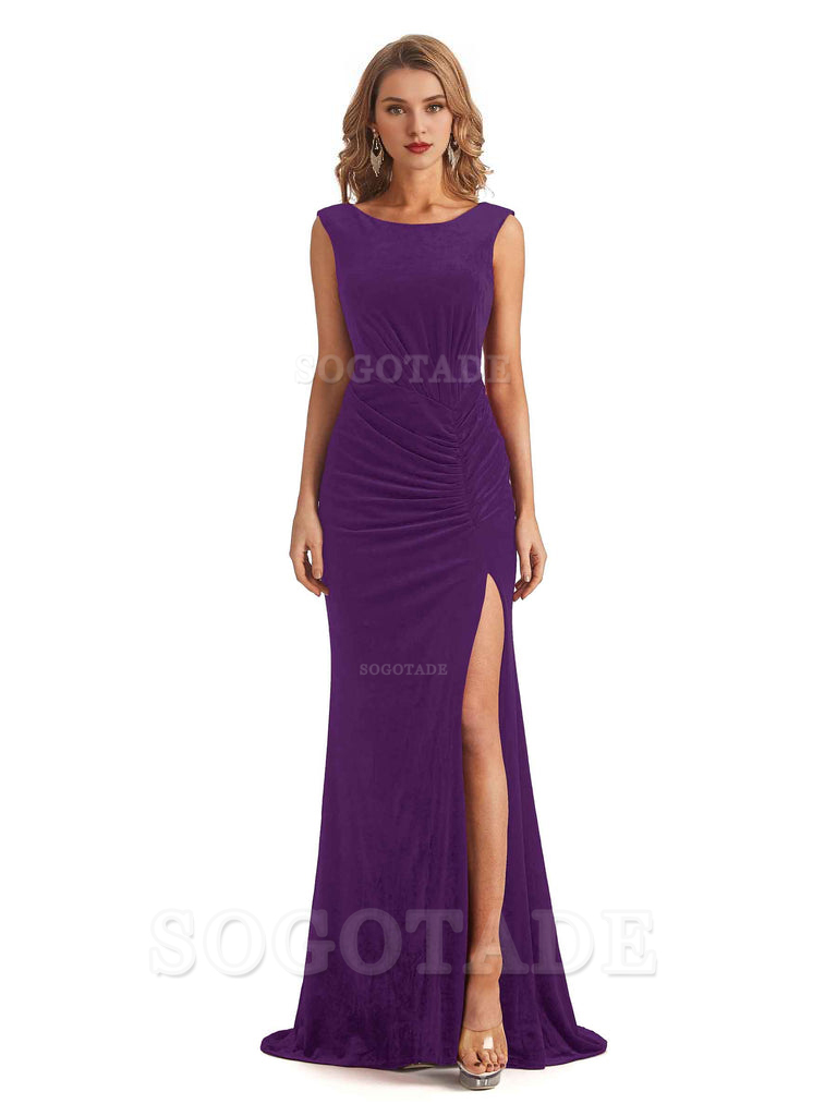 Sexy Open Back Mermaid Velvet Jewel High Split Maxi Long Bridesmaid Dresses Online