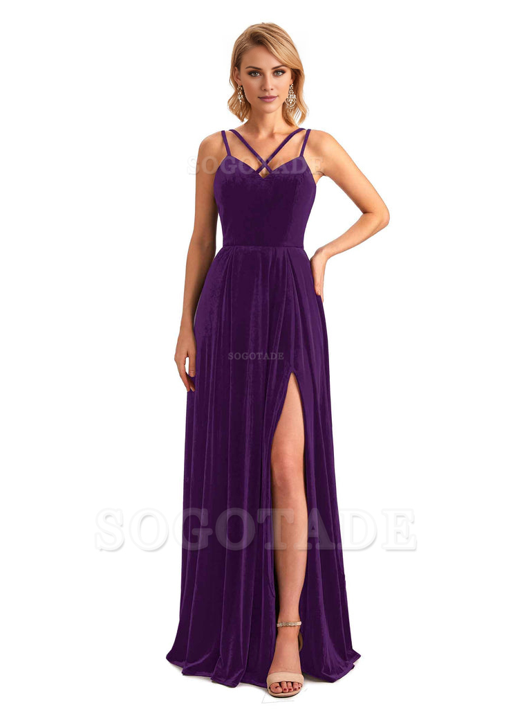 Sexy Side Slit Spaghetti Straps Unique Velvet Long Bridesmaid Dresses Online