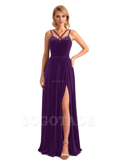 Sexy Side Slit Spaghetti Straps Unique Velvet Long Bridesmaid Dresses Online