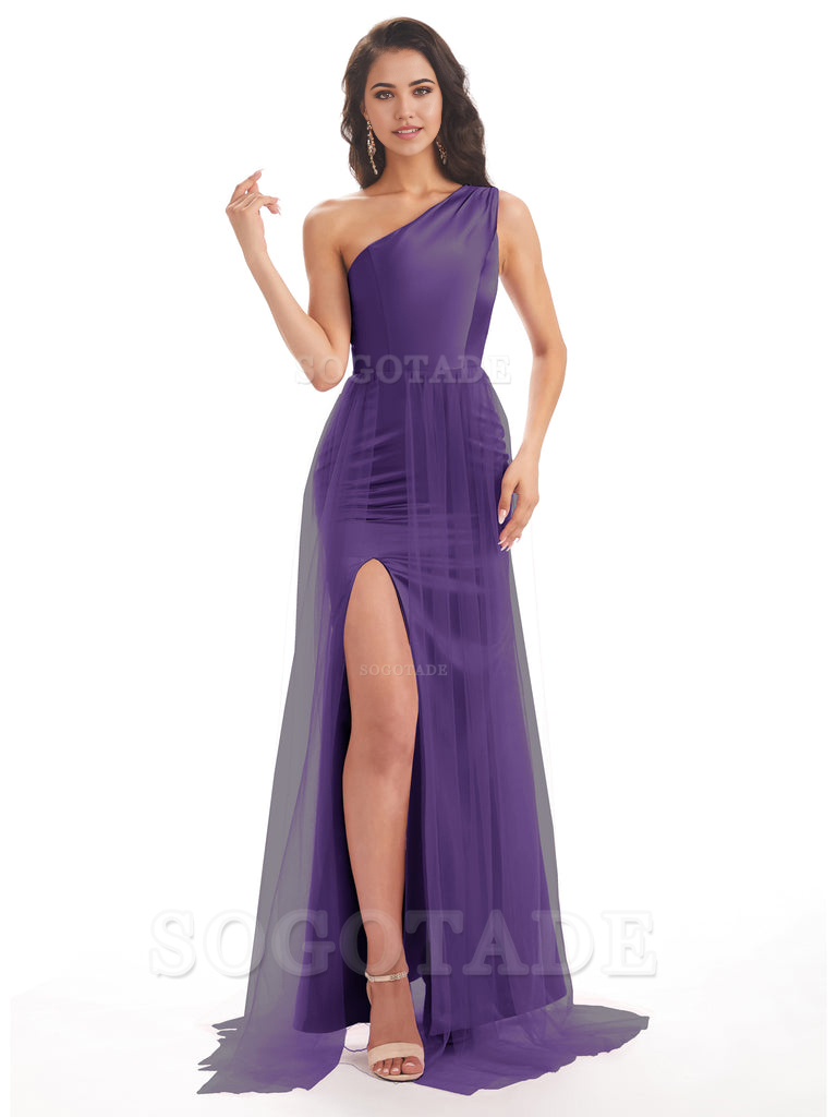 Mermaid One Shoulder Satin Side Slit Tulle formal dresses evening gown Bridesmaid Dresses
