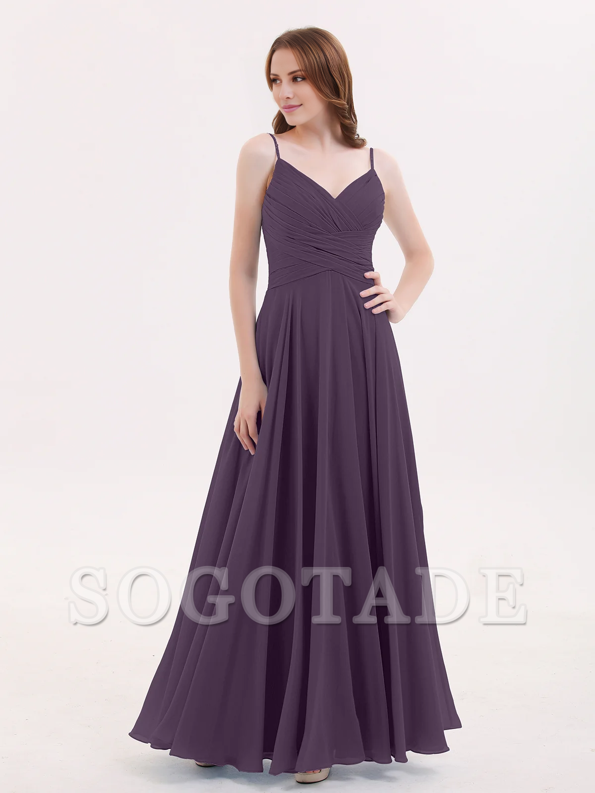 V-neck Fine Shoulder Strap Floor Length Chiffon Bridesmaid Dresses Online