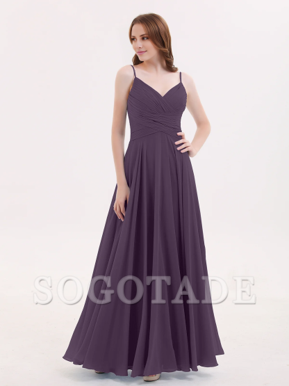 V-neck Fine Shoulder Strap Floor Length Chiffon Bridesmaid Dresses Online