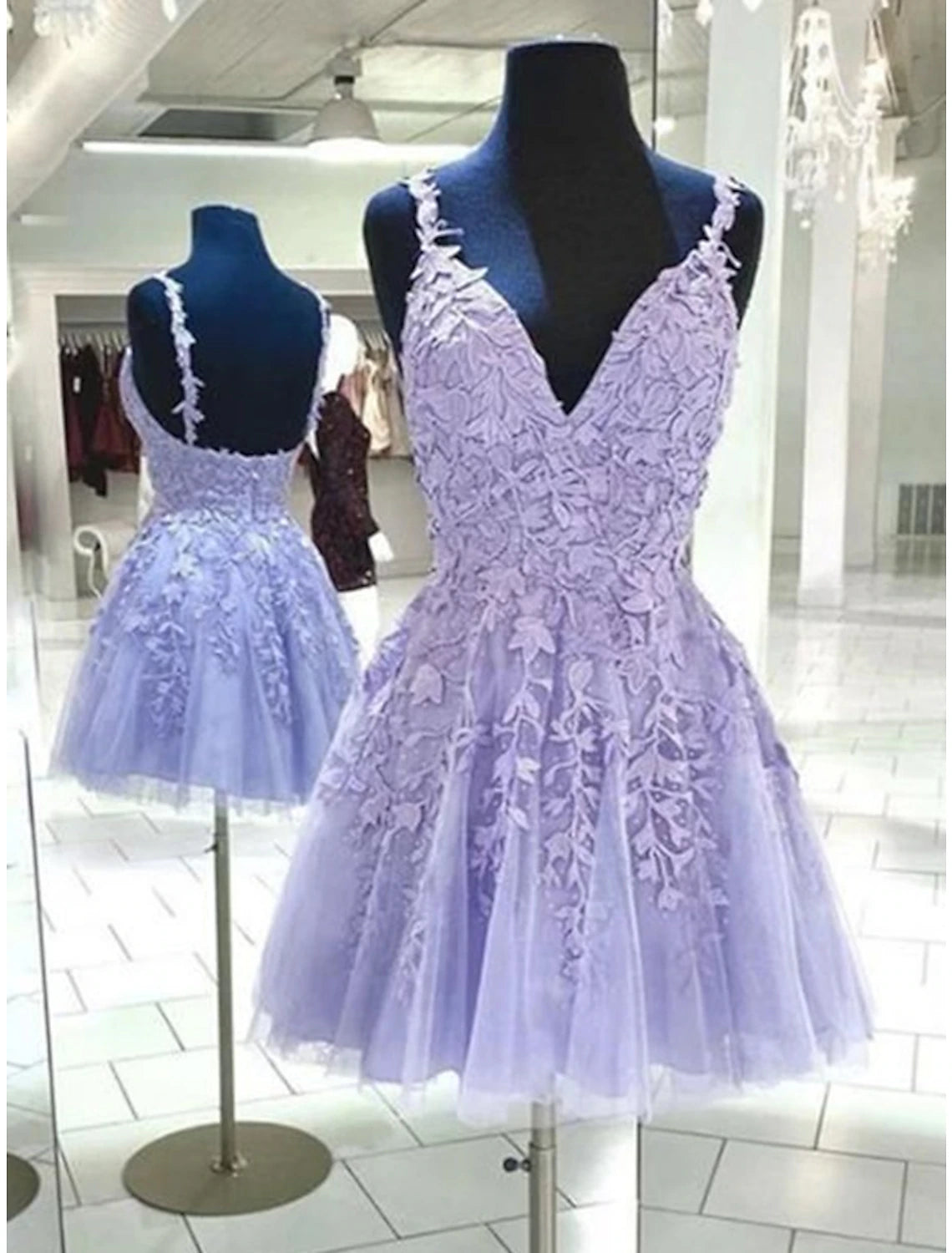 A-Line Homecoming Dresses Backless Dress Graduation Birthday Short / Mini Sleeveless Spaghetti Strap Tulle with Appliques-SOGOTADE