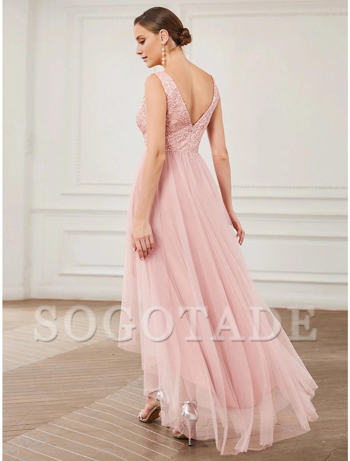 A-Line Bridesmaid Dress V Neck Sleeveless Elegant Short / Mini Lace / Tulle with Draping / Ruching-SOGOTADE