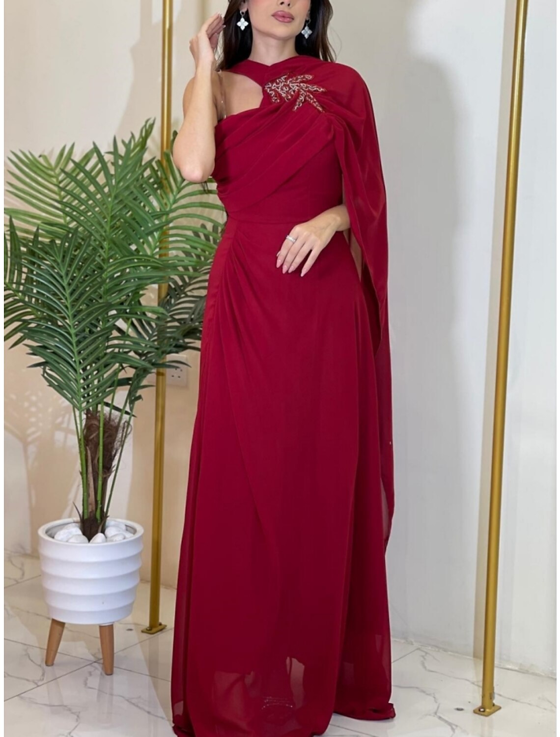 A-Line Evening Gown Elegant Dress Formal Sweep / Brush Train Christmas Red Green Dress Sleeveless Halter Neck Stretch Chiffon with Pleats Ruched Shouder Flower-SOGOTADE
