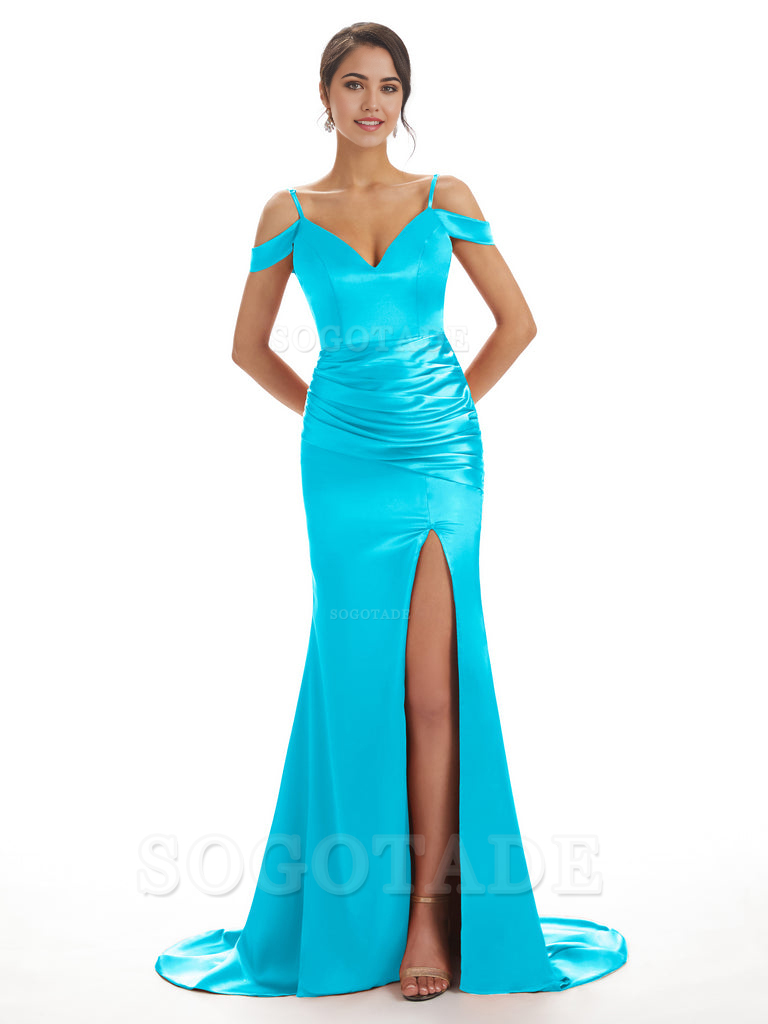 Mermaid Off The Shoulder Satin formal dresses evening gown Bridesmaid Dresses With Side Slit 