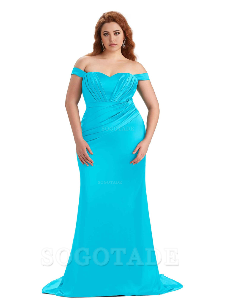 Sexy Mermaid Off The Shoulder Sweetheart Soft Satin Floor Length Long Plus Size Maid of Honor Dresses