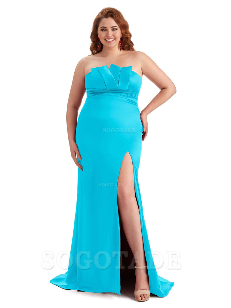 Sexy Side Slit Sleeveless Mermaid Soft Satin Long Plus Size Wedding Party Dresses For Wedding