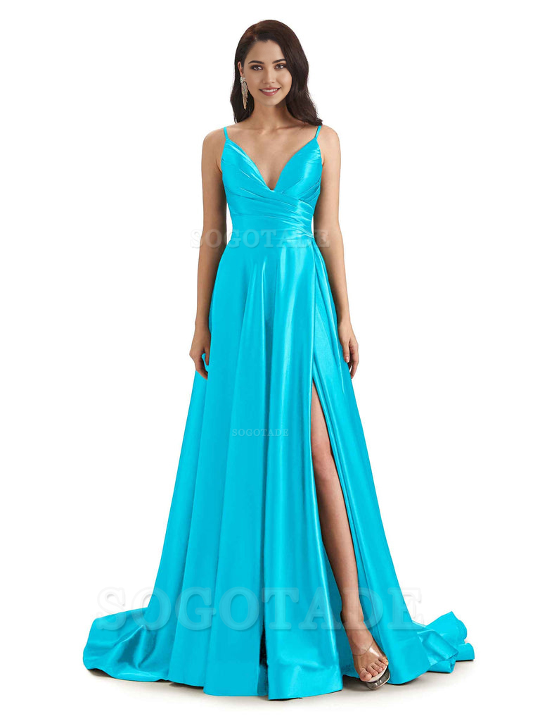 Spaghetti Straps Satin formal dresses evening gown Bridesmaid Dresses With Side Slit 