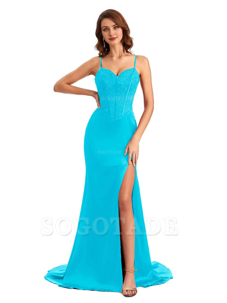 Sexy Side Slit Mermaid Silky Satin V-Neck Lace Unique Long Bridesmaid Dresses