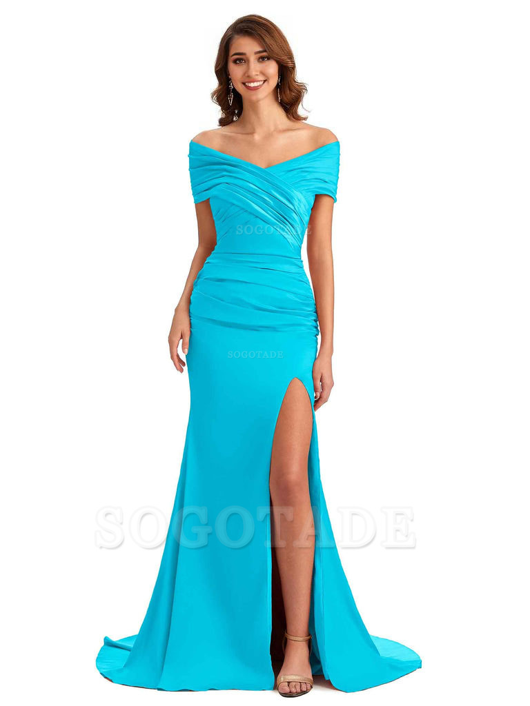 Sexy Off The Shoulder Side Slit Mermaid Satin Unique Long Formal Wedding Guest Dresses