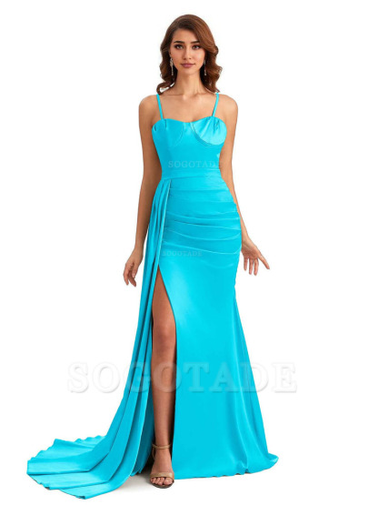 Sexy Spaghetti Straps Side Slit Mermaid Unique Long Bridesmaid Dresses In Satin