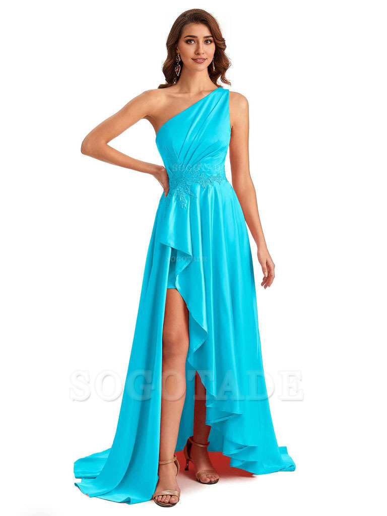 Sexy One Shoulder A-Line High Low Silky Satin Lace Long Formal Wedding Guest Dresses