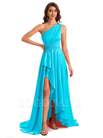 Sexy One Shoulder A-Line High Low Silky Satin Lace Long Formal Wedding Guest Dresses