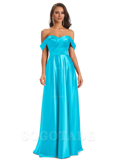 Sexy Soft Satin Off The Shoulder A-Line Long Bridesmaid Dresses Elegant Evening Party Dress
