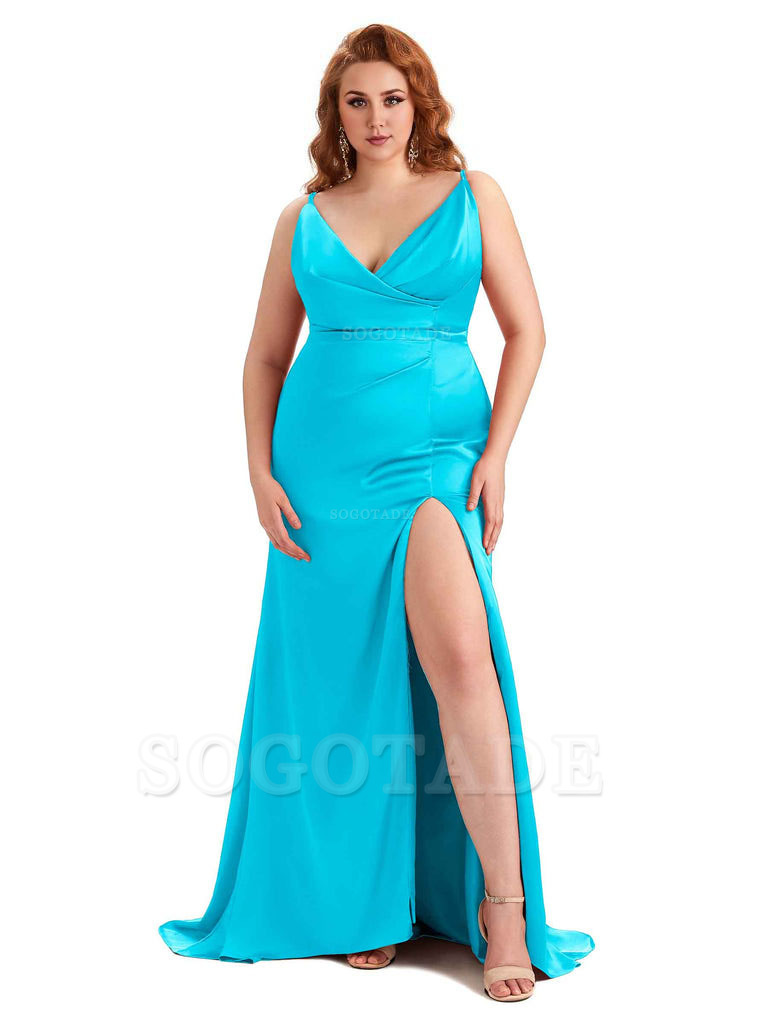 Sexy Side Slit Spaghetti Straps Mermaid Soft Satin Fashion Bridesmaid Dresses
