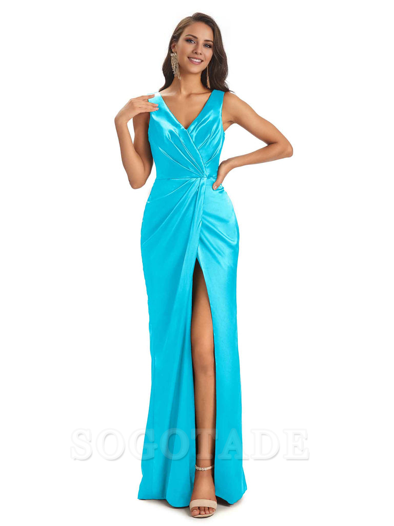 V-Neck Unique Long Satin Bridesmaid Dresses with Front Slit