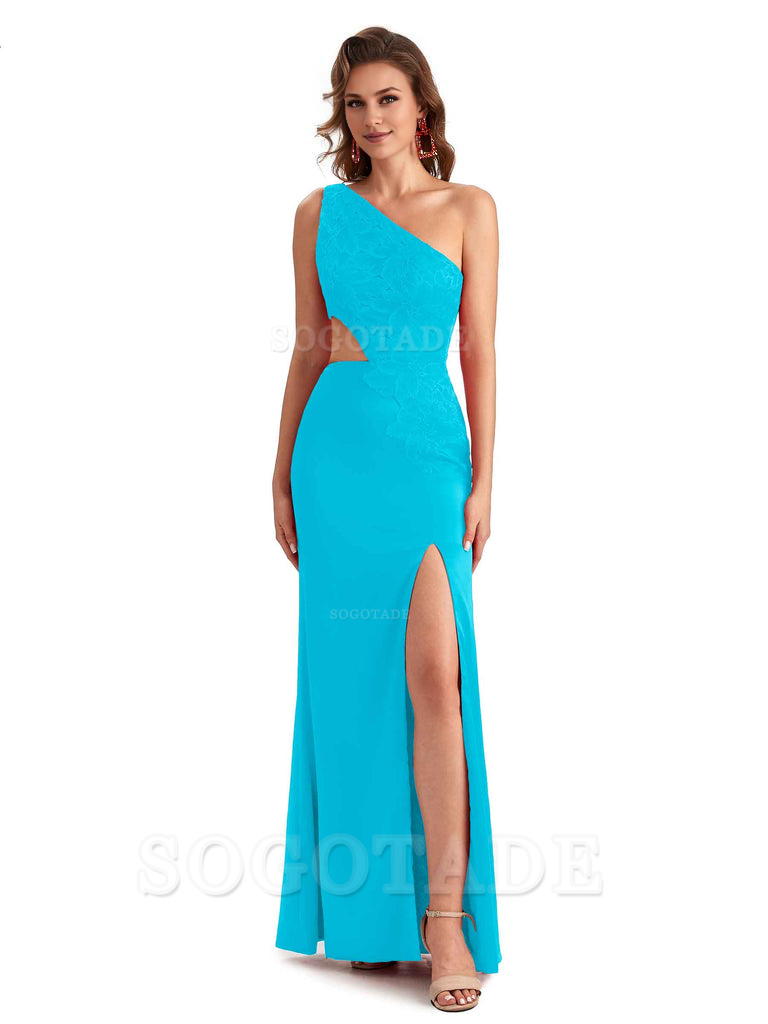 Sexy Side Slit Mermaid Lace Silky Satin One Shoulder Chic Long Bridesmaid Dresses