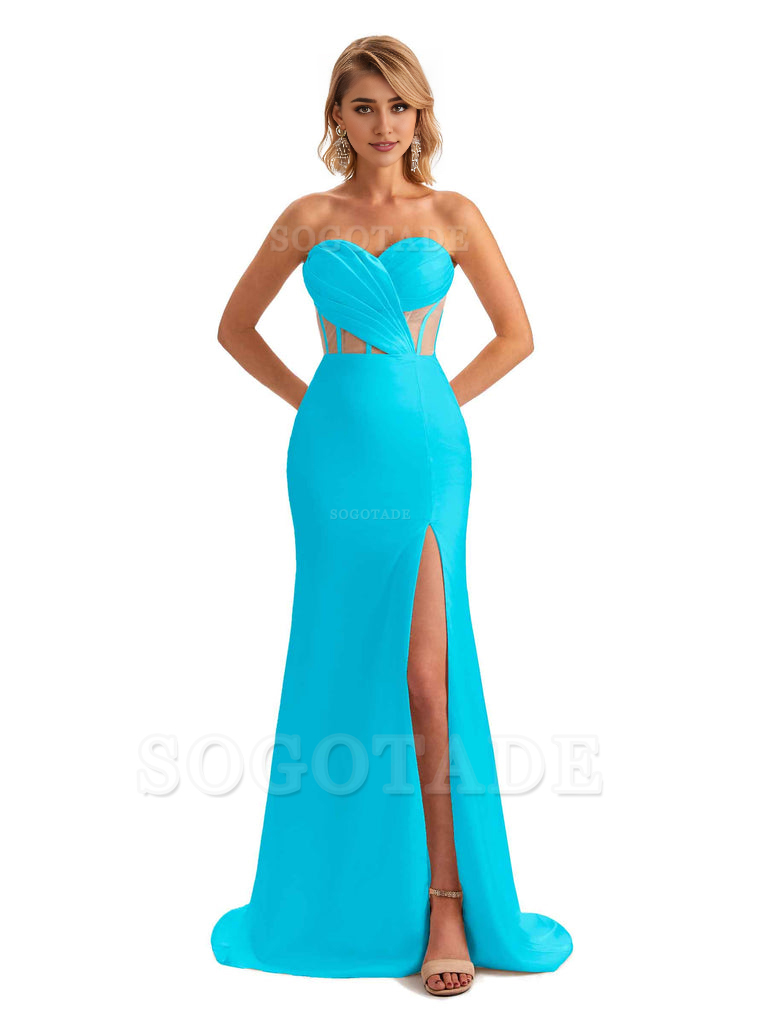 Sexy Sweetheart Strapless Side Slit Mermaid Soft Satin Unique Long Bridesmaid Dress For Wedding