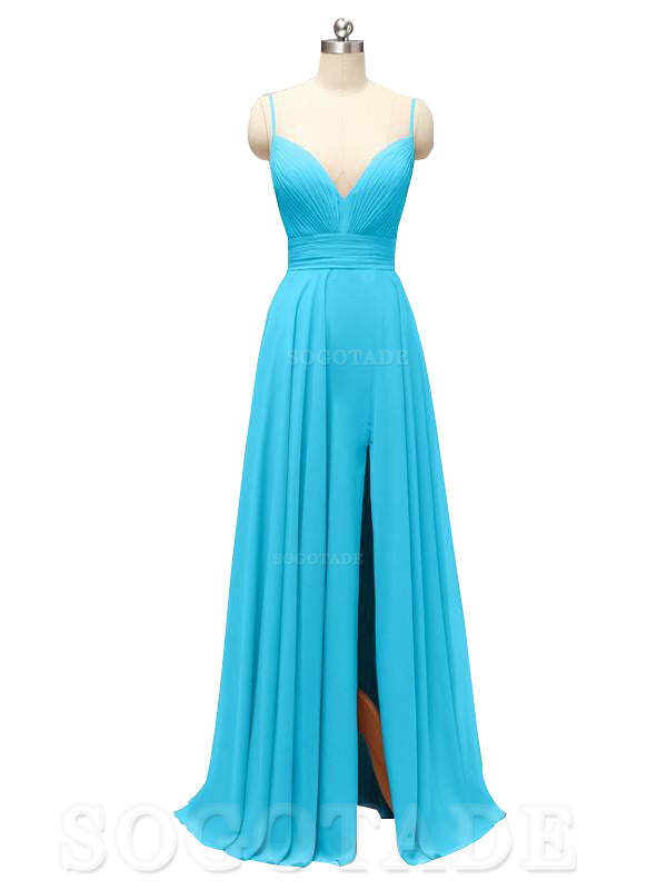 Honest Chiffon Spaghetti Straps Slit Long Bridesmaid Dresses prom shop dresses