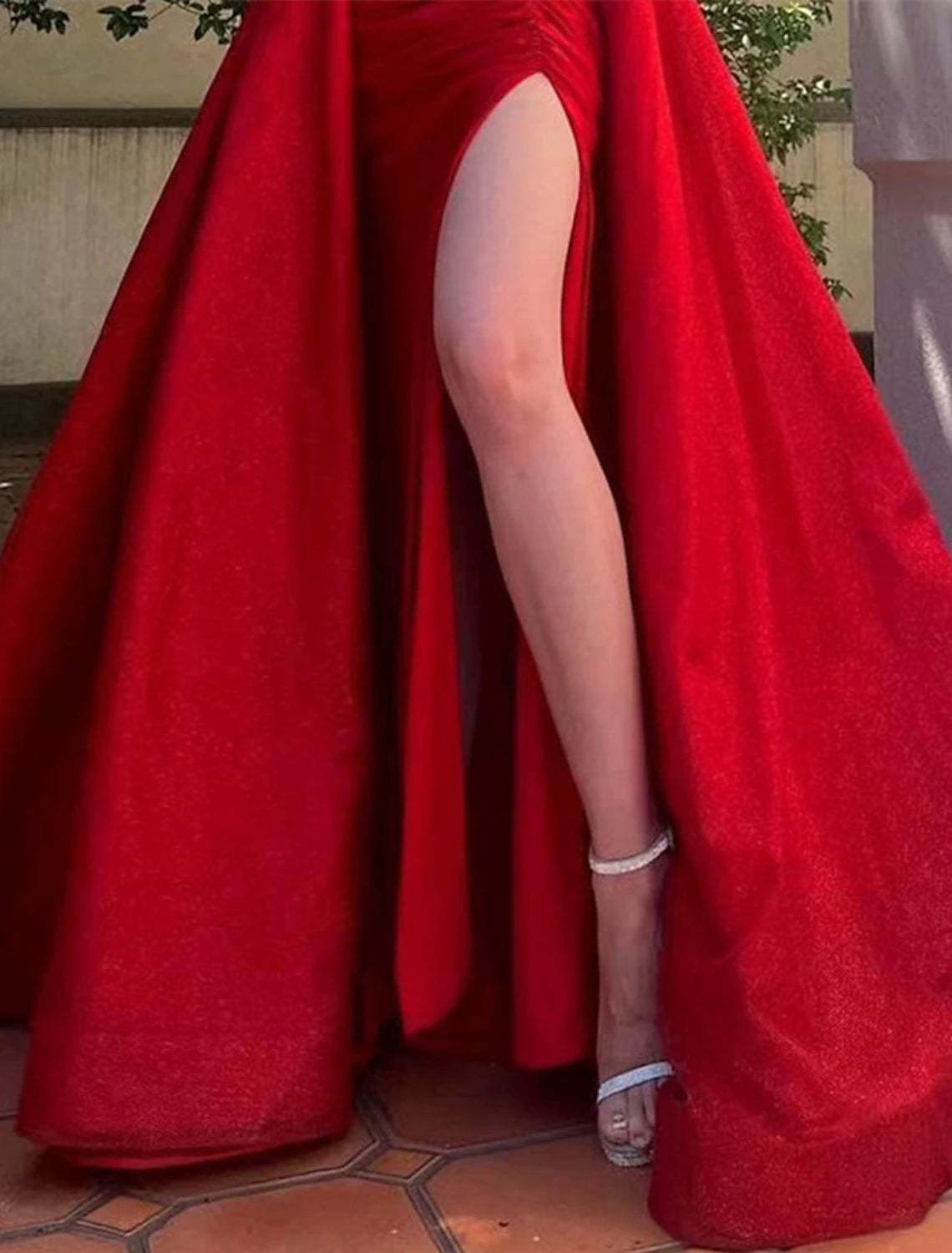 A-Line Evening Gown Elegant Christmas Red Green Dress Formal Masquerade Court Train Sleeveless Strapless Satin with Slit Overskirt 2024-SOGOTADE