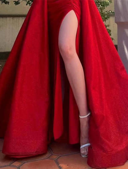 A-Line Evening Gown Elegant Christmas Red Green Dress Formal Masquerade Court Train Sleeveless Strapless Satin with Slit Overskirt 2024-SOGOTADE