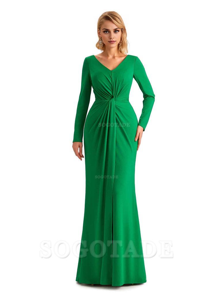 Elegant Simple Mermaid Pleats V-neck Long-Sleeves Floor Length Long Formal Bridesmaid Dresses