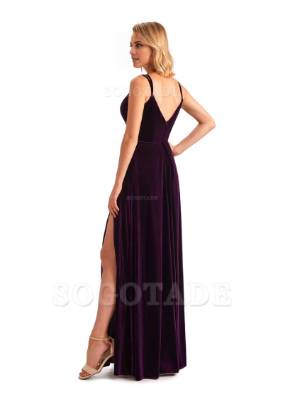 Sexy Side Slit Spaghetti Straps Unique Velvet Long Bridesmaid Dresses Online