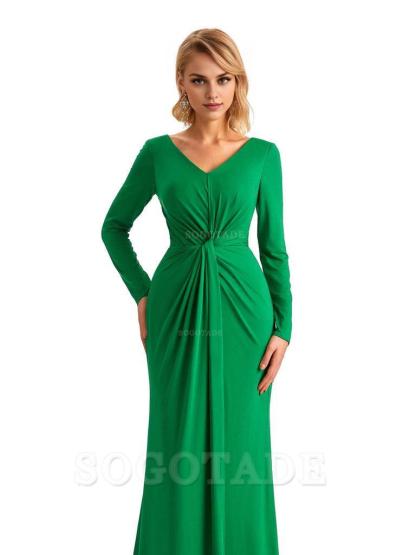 Elegant Simple Mermaid Pleats V-neck Long-Sleeves Floor Length Long Formal Bridesmaid Dresses
