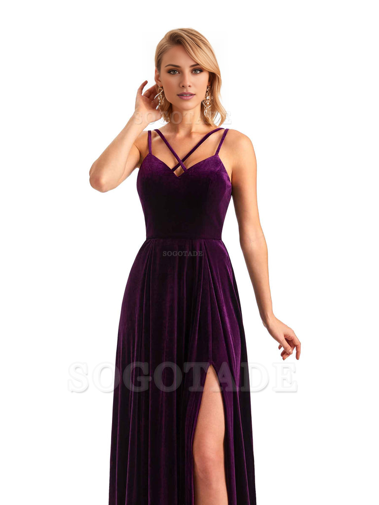Sexy Side Slit Spaghetti Straps Unique Velvet Long Bridesmaid Dresses Online