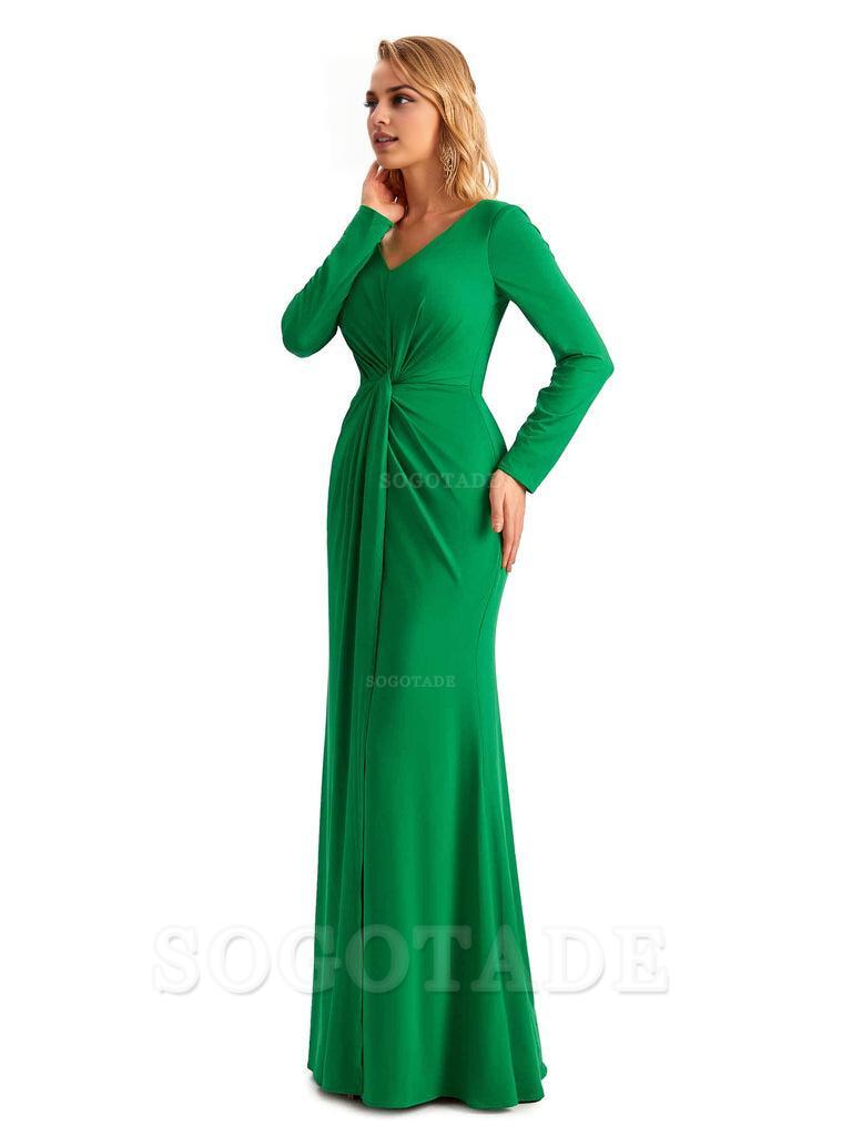 Elegant Simple Mermaid Pleats V-neck Long-Sleeves Floor Length Long Formal Bridesmaid Dresses